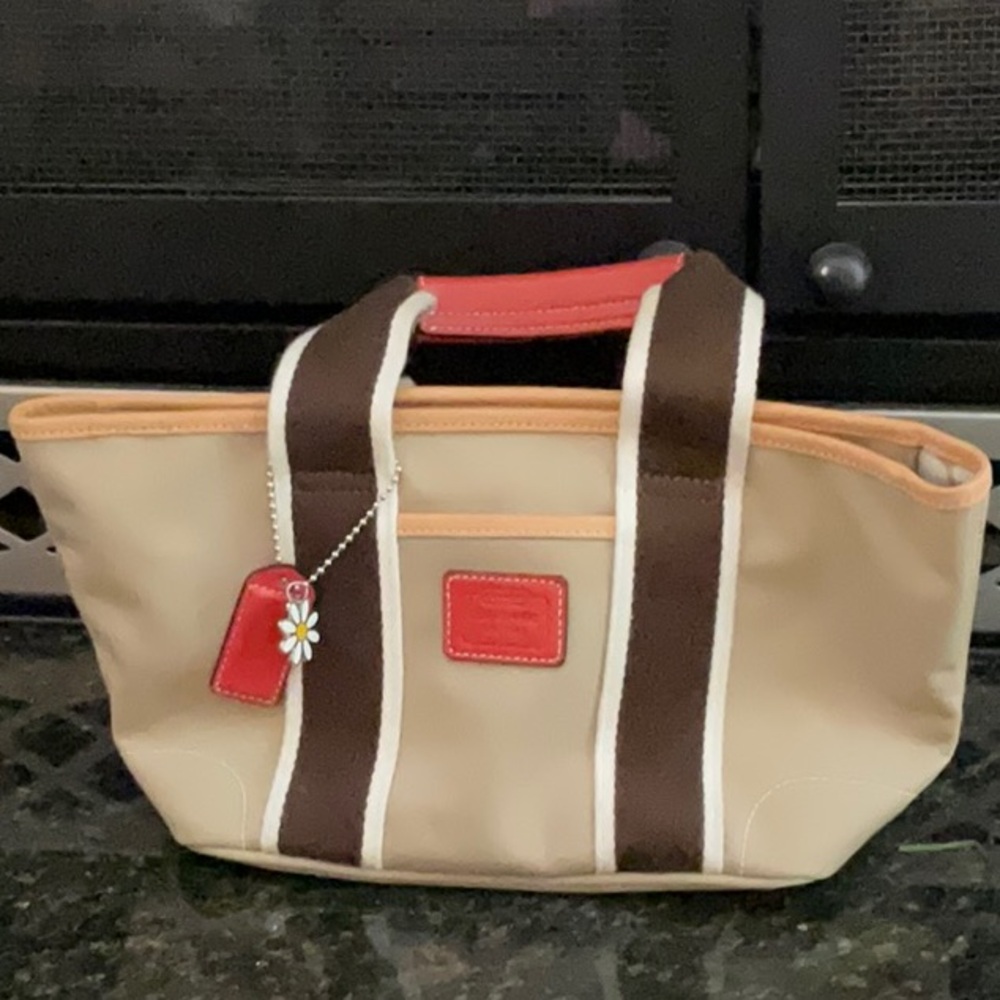 Coach Tan and Brown Tote Bag with Striped Handles